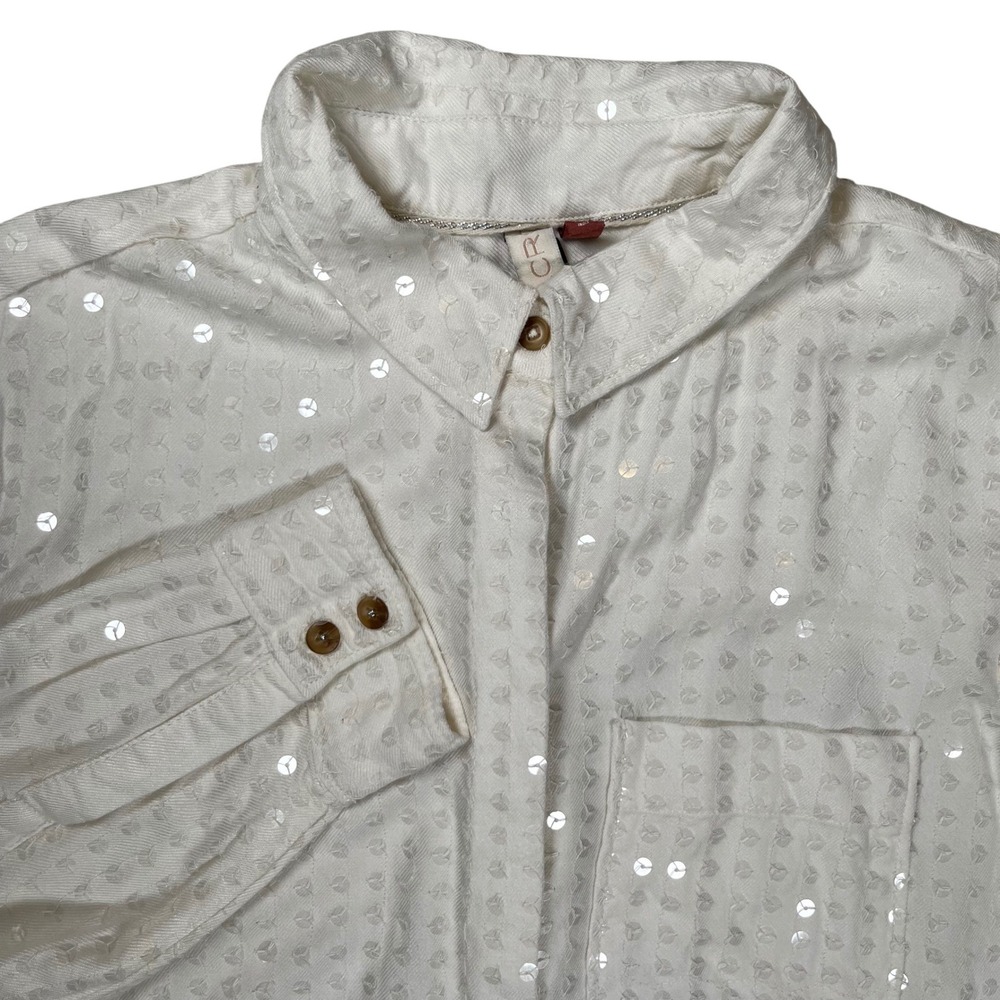 Pilcro Anthropologie Sequin‎ Shirt Womens MP White Button Up Long Sleeve Petite
